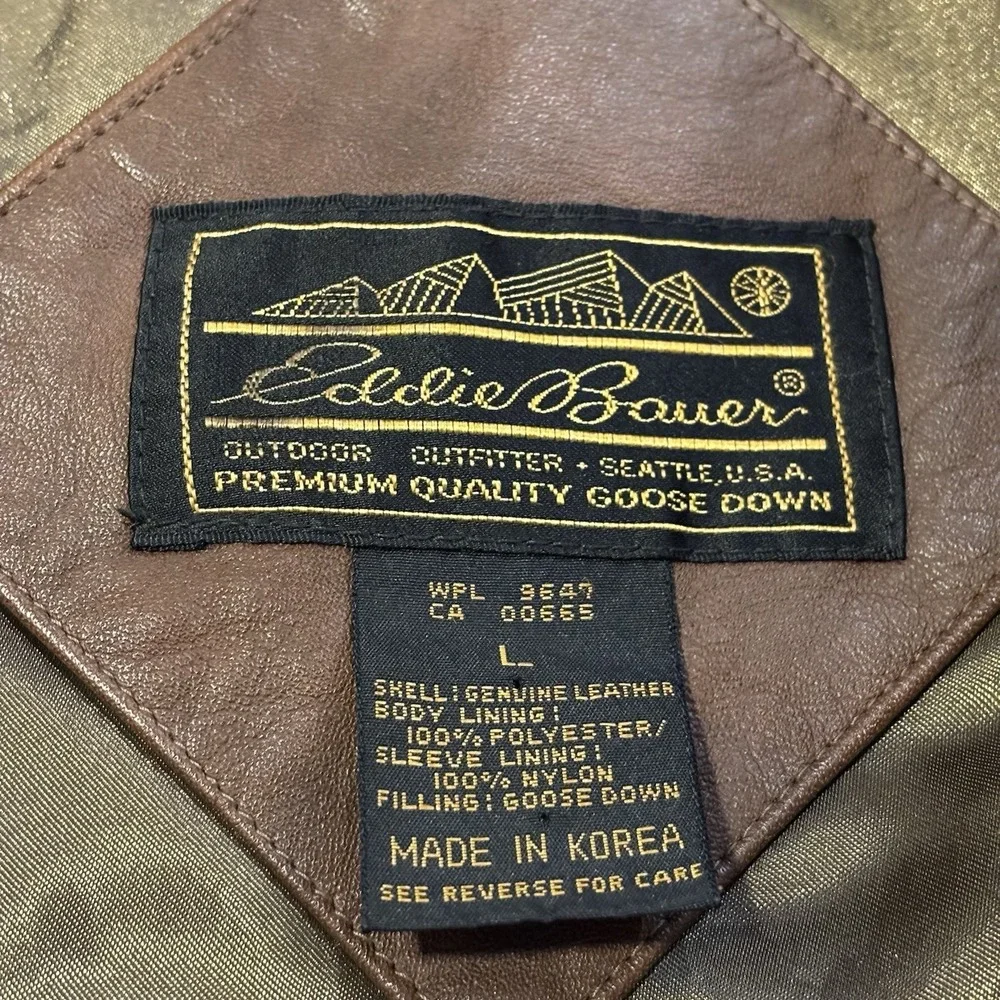 Vintage‎ Eddie Bauer Leather Goose Down Jacket Men's L Parka Coat Brown 80s 90s